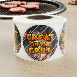Great On The Grill Label Stickers Round With Grill in the Background – 500/roll