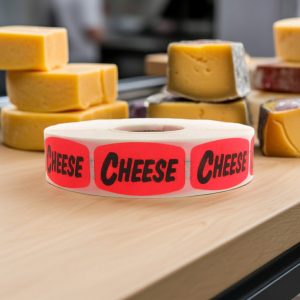 Cheese Label Stickers Red with Black Print – 1000/roll